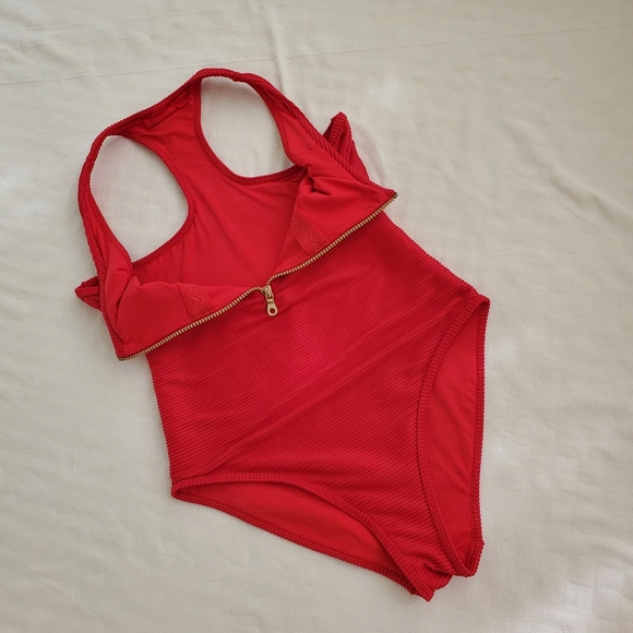 Heidi Klein red one piece swim suit size Medium gold zipper ribbed fabric lined - Picture 7 of 16